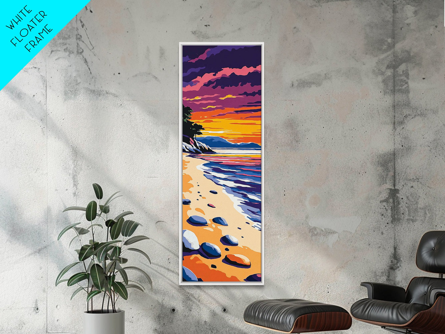 Tranquil Shoreline Sunset, Framed Canvas Print, Serene Beach Art, Vibrant Ocean View, Coastal Living Decor, Boho Aesthetic