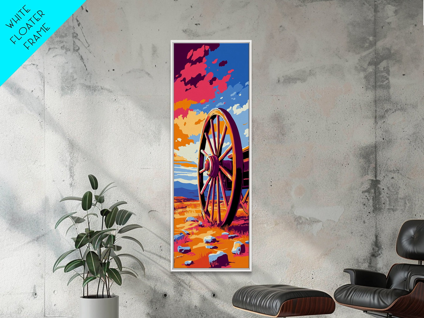 Wagenrad, rustikale Westernkunst, Bauernhausdeko, Ästhetik des Alten Westens, Wanddeko für Zuhause, Kunst fürs Wohnzimmer im Landhausstil, gerahmter Leinwanddruck