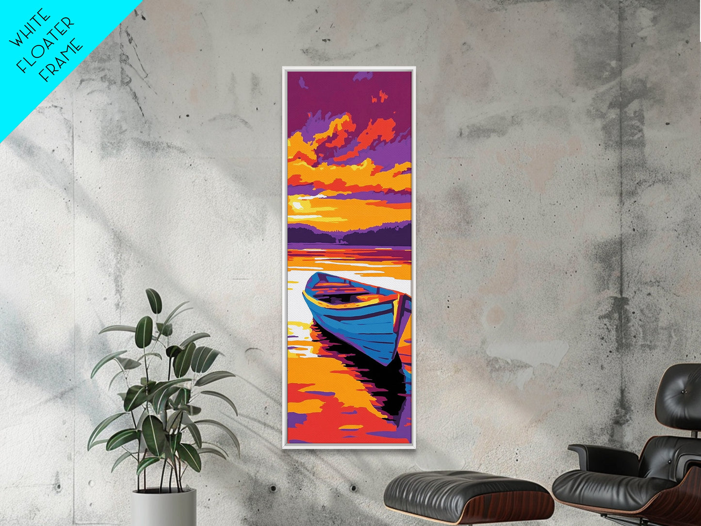 Wooden Boat, Sunset Reflection, Tranquil Lake, Water Art, Framed Canvas Print, Rustic Decor, Nautical Theme, Bedroom Wall Art