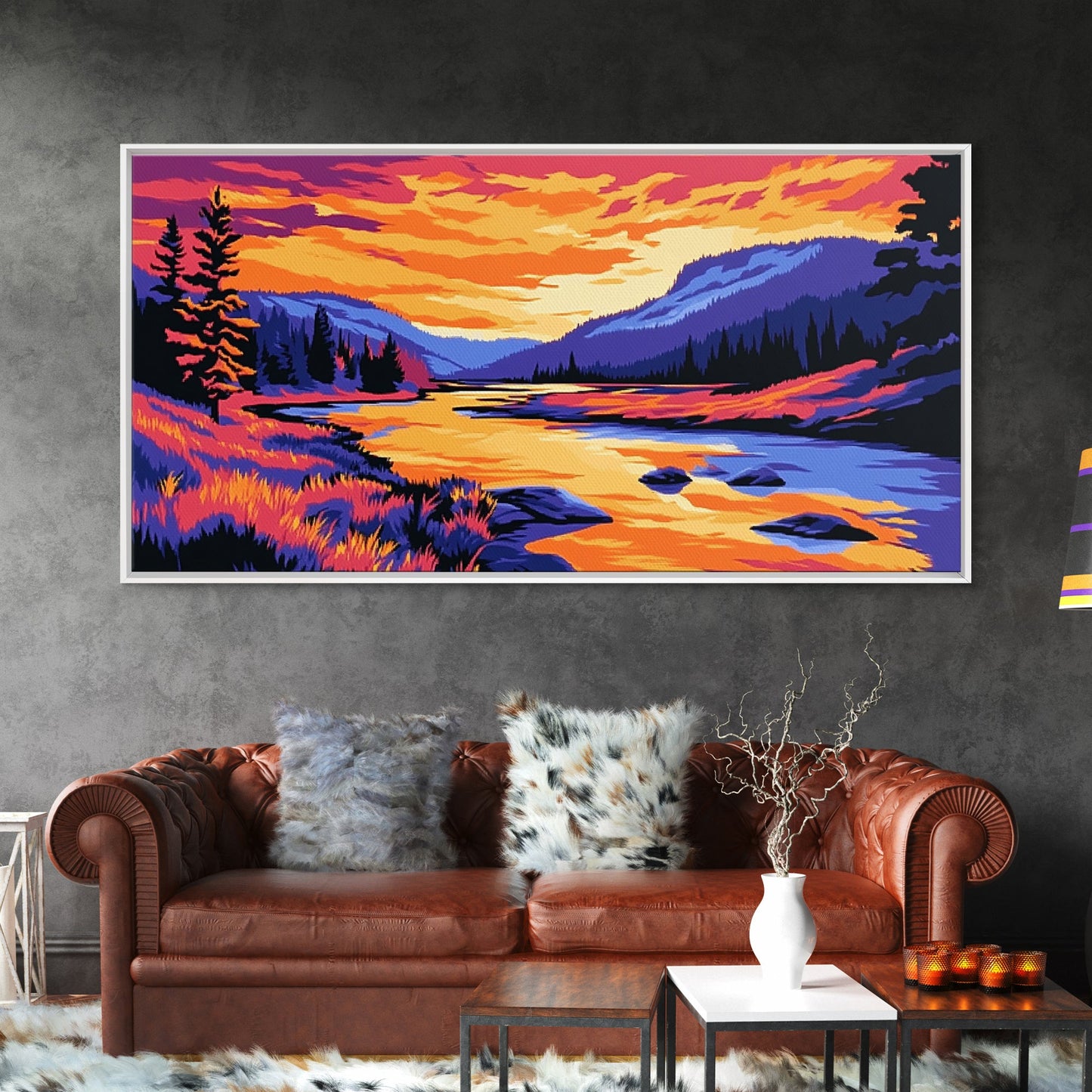 „Bergfluss im Glanz“, Leinwanddruck, Ruhige Landschaftskunst, Lebendige Naturszene, Rustikale Wanddekoration, Wohnzimmerkunst, Hüttenästhetik