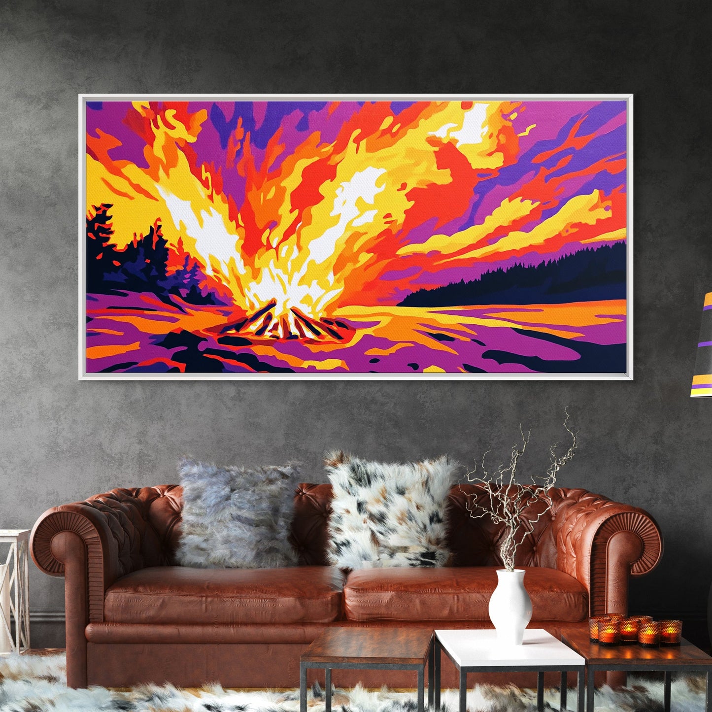 Campfire Blaze, Night Sky Glow, Framed Canvas Print, Cozy Cabin Wall Art, Rustic Living Room, Adventure Decor, Warm Autumn Colors