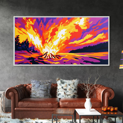 Campfire Blaze, Night Sky Glow, Framed Canvas Print, Cozy Cabin Wall Art, Rustic Living Room, Adventure Decor, Warm Autumn Colors