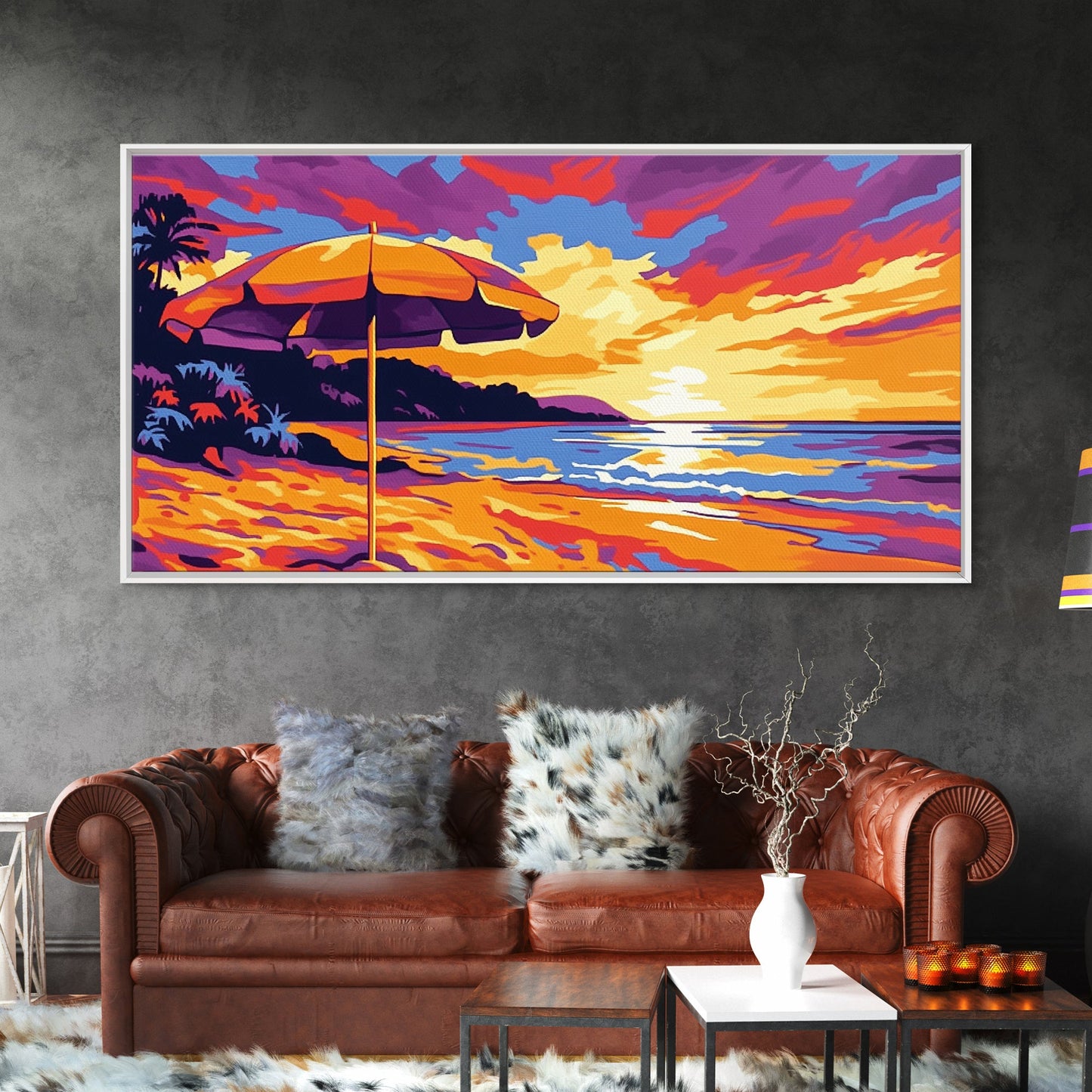 Beach Umbrella, Coastal Sunset Art, Vibrant Ocean Scene, Warm Tropical Decor, Beach Print, Canvas Print, Bedroom Wall Art, Lounge Art