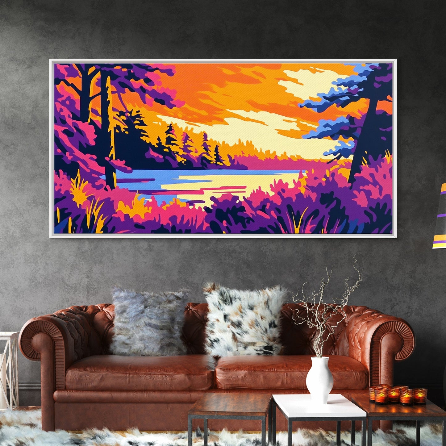 Forest Lake, Autumn Sunset, Vibrant Nature Scene, Rustic Cabin Wall Art, Cozy Home Aesthetic, Framed Canvas Print