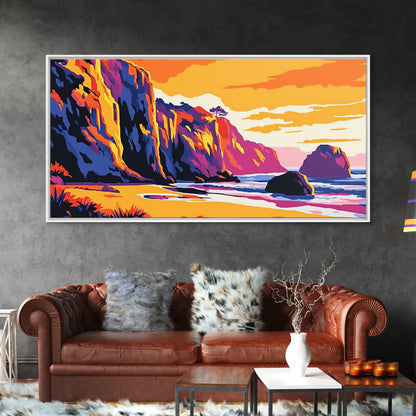 Meeresklippen, Küsten-Sonnenuntergangskunst, Lebendiges Meereslandschaftsgemälde, Strandwanddekoration, Gerahmter Leinwanddruck, Maritime Wohngestaltung, Bürokunst