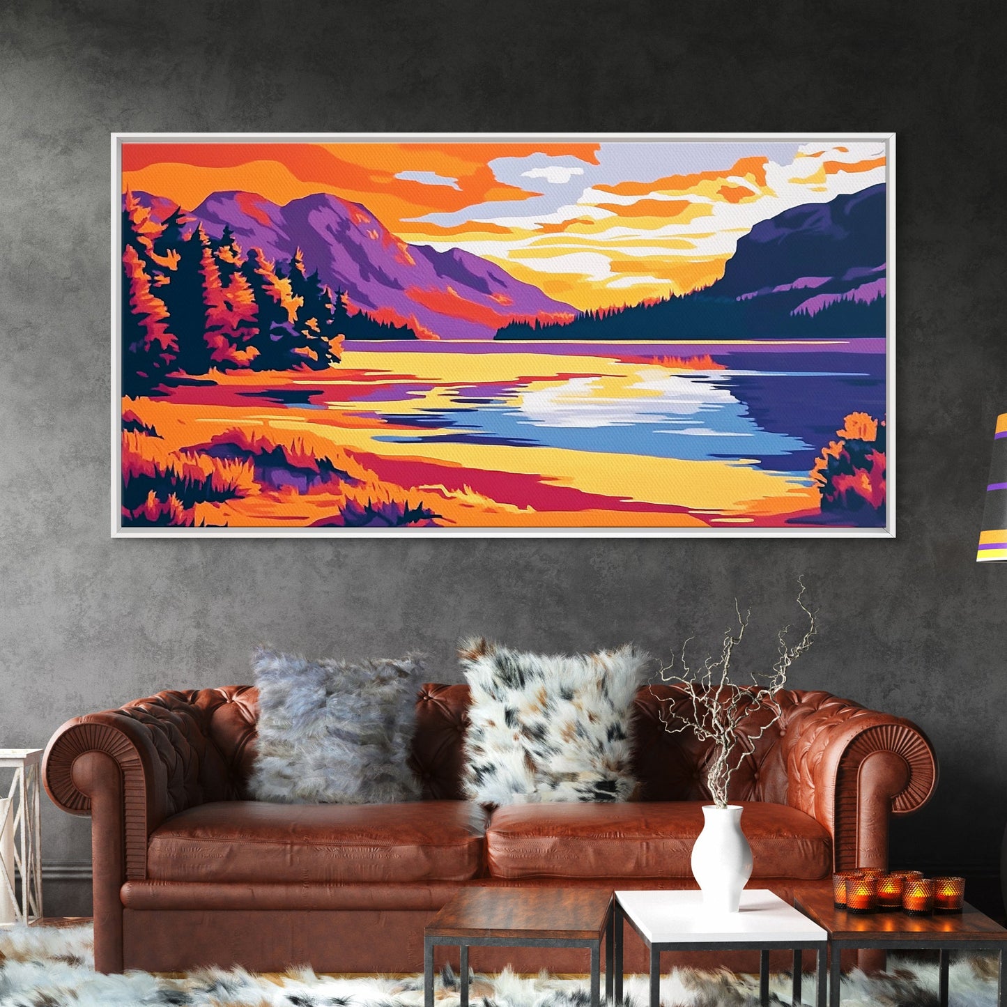 Mountain Lake, Sunset Wall Art, Nature Scene, Vibrant Colors, Rustic Decor, Modern Wilderness, Living Room, Canvas Print