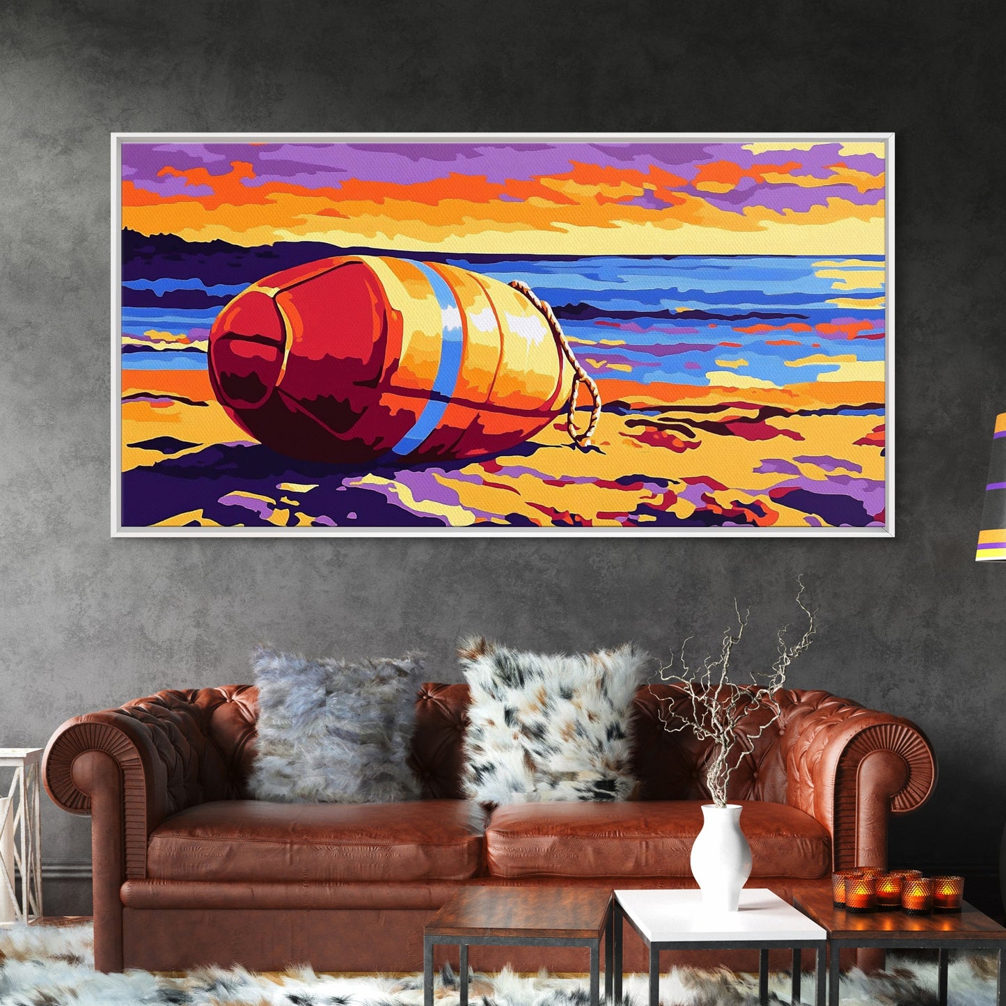 Beach Buoy, Coastal Sunset Painting, Vibrant Nautical Art, Ocean Shore Decor, Framed Canvas Print, Bathroom Wall Art, Beach House Style