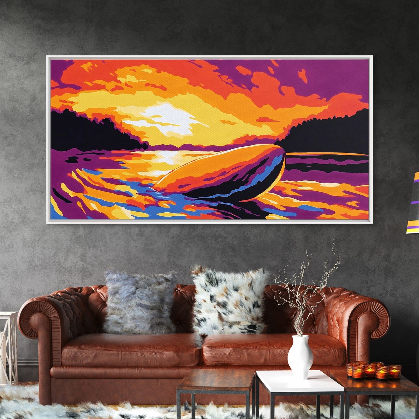 Whiskey Bottle, Sunset Reflection, Framed Canvas Print, Rustic Bar Art, Dramatic Home Art, Vibrant Wall Decor, Dining Room Wall Art