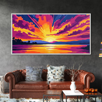 Vibrant River Sunset, Colorful Landscape Wall Art, Warm Nature Print, Bold Sky Painting, Autumn Home Decor, Framed Canvas Print