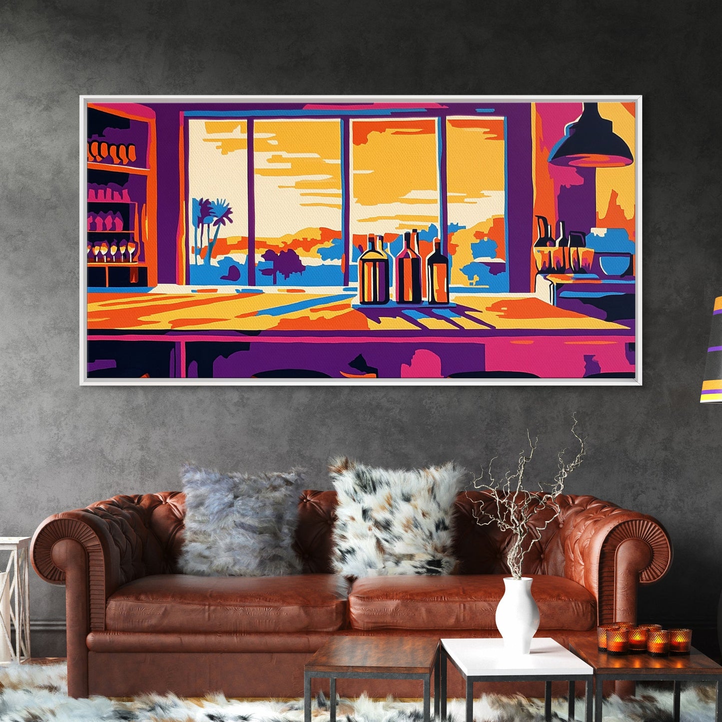 Bar Sunset, Wine Bottles, Cozy Kitchen, Framed Canvas Print, Wall Art, Modern Home, Dining Room, Cocktail Lounge, Warm Colors, Vibrant Art