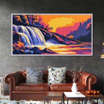 Waterfall, Forest, Autumn Sunset, Peaceful Scenery, Framed Canvas Print, Cabin Retreat, Rustic Home, Relaxing Nature, Vibrant Colors