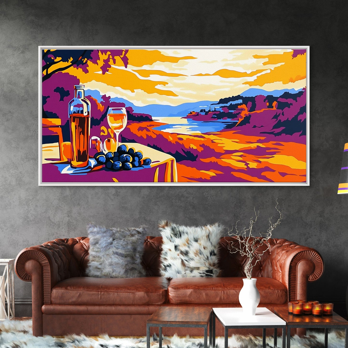 Wine and Sunset, Coastal Vineyard Art, Framed Canvas Print, Kitchen Wall Decor, Rustic Countryside Art, Tuscany Inspired