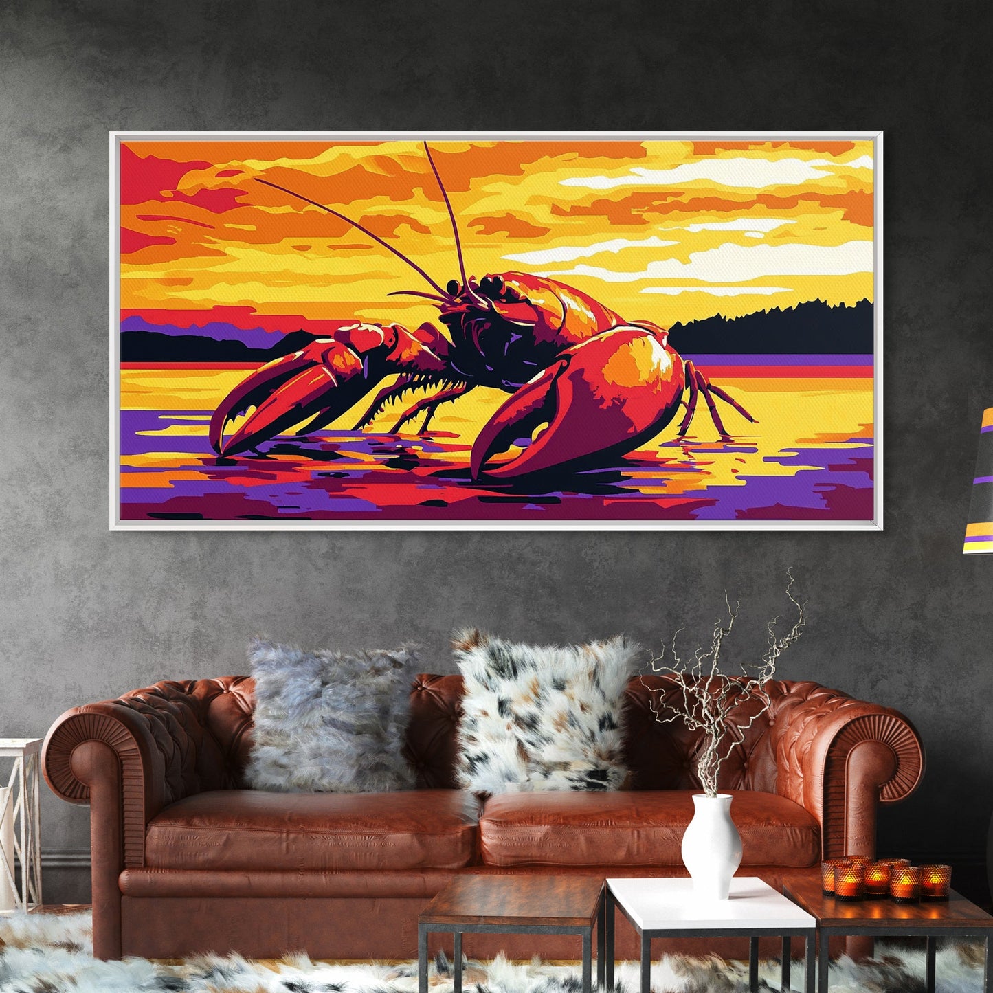 Riesenhummer, maritimes Kunstwerk, Kunst rund um Meeresfrüchte, gerahmter Leinwanddruck, Küstenwanddekoration, Gemälde mit Meeresmotiven, lebendige Meereskunst