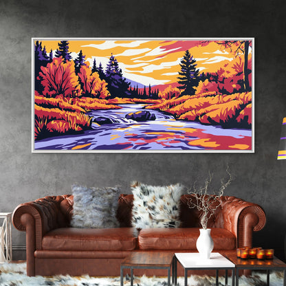 Autumn River, Fall Colors, Nature Scene, Framed Canvas Print, Rustic Home Decor, Living Room Wall Art, Landscape Painting, Boho Art