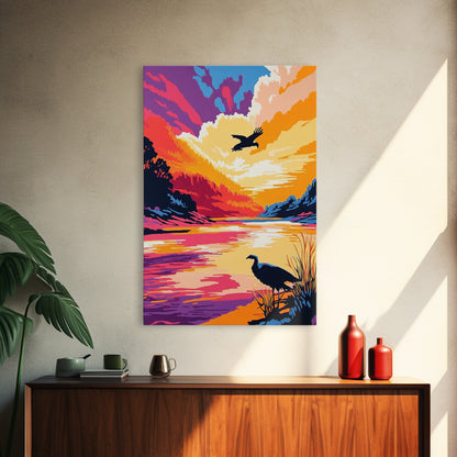 Sunset River, Birds, Framed Canvas Print, Vibrant Nature Art, Wildlife Wall Art, Autumn Landscape, Office Artwork, Colorful Sunset Scene
