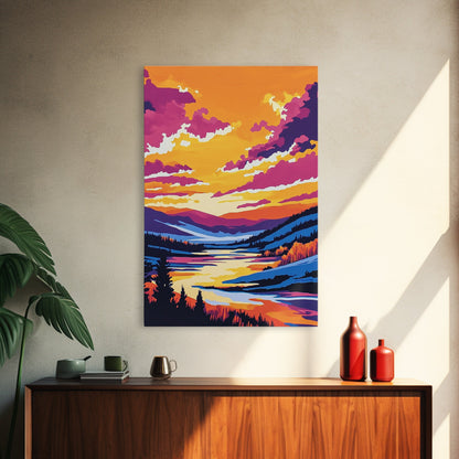 Sunset Valley, Reflection, Framed Canvas Print, Mountain River Art, Vibrant Landscape, Living Room Wall Art, Rustic Home Decor