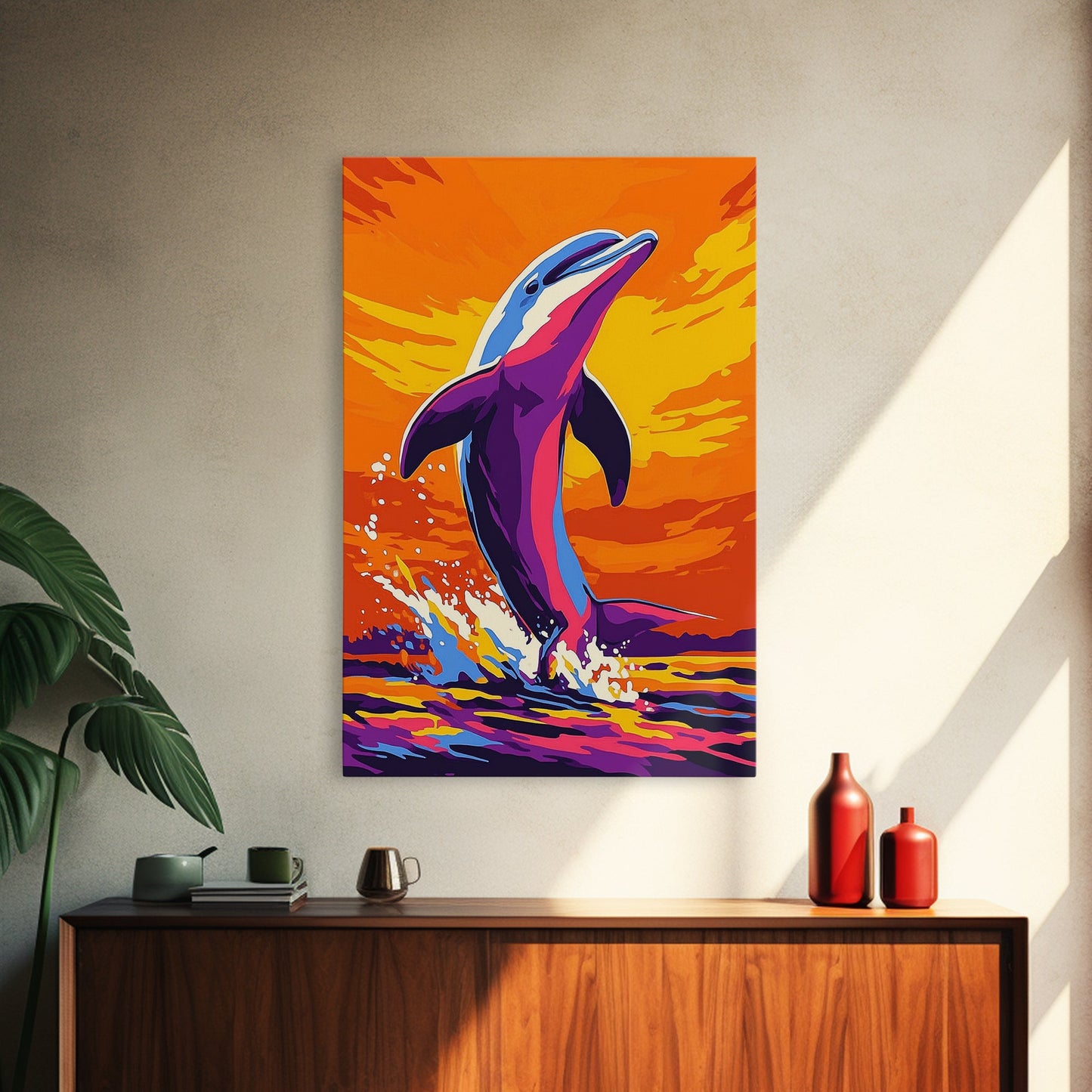 Dolphin Ocean, Sunset, Framed Canvas Print, Vibrant Sea Life Art, Beach House Decor, Coastal Living Art, Sunset Painting, Nautical Theme