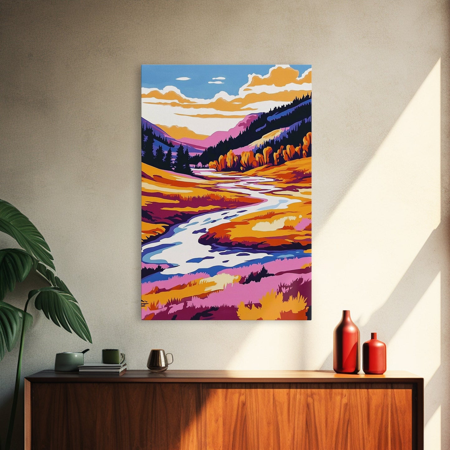 Autumn River, Valley, Canvas Print, Vibrant Fall Landscape, Cabin Wall Decor, Warm Color Palette, Nature Lover Gift, Cozy Home Wall Art