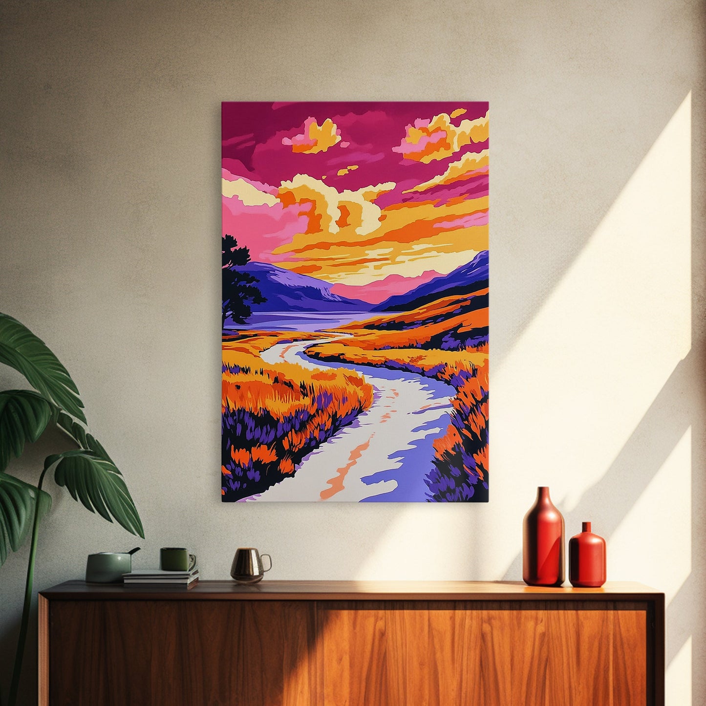 Sunset River, Vibrant Reflections, Colorful Landscape, Nature Art, Framed Canvas Print, Living Room Wall Art, Rustic Decor, Autumn Scene