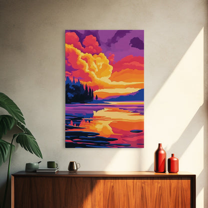Tranquil Lake, Vibrant Sunset, Reflection Art, Serene Scene, Framed Canvas Print, Living Room Wall Art, Nature Decor, Landscape Painting