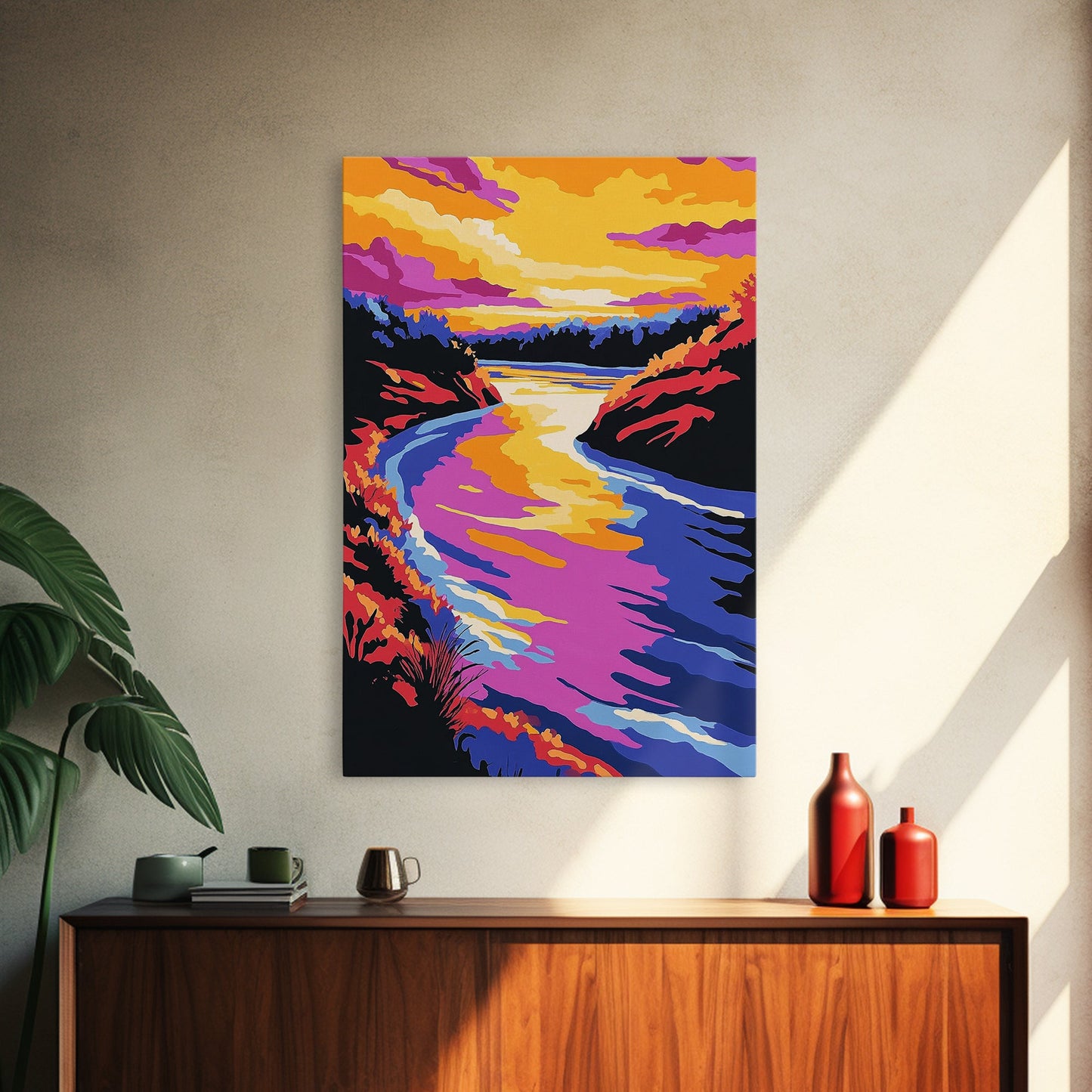 Sunset River Bend, Vibrant Landscape, Colorful Sky, Bold Nature, Framed Canvas Print, Living Room Art, Rustic Wall Decor, Boho Landscape