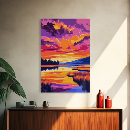 Sonnenuntergangsspiegelung, lebendige Naturkunst, Herbstlandschaft, malerische Wanddekoration, gerahmter Leinwanddruck, Wandbild fürs Wohnzimmer, Boho-Kunst