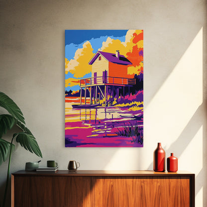 Sunset Cabin, Lake House, Scenic Art, Framed Canvas Print, Colorful Wall Art, Rustic Decor, Nature Painting, Living Room Wall Art