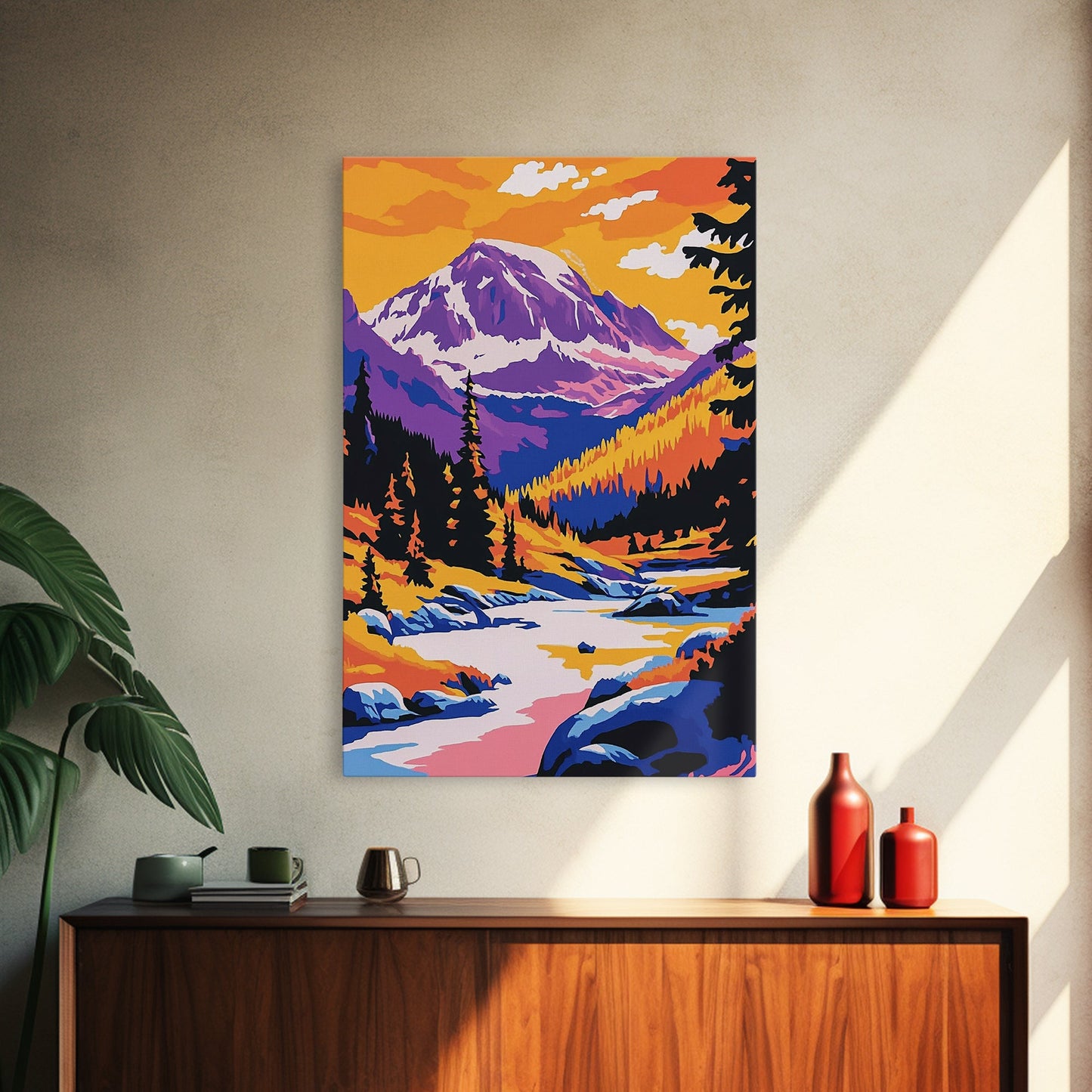 Snowy Peaks, Majestic Mountains, Wilderness Landscape, Cabin Aesthetic, Cozy Decor, Adventure Theme, Living Room, Canvas Print, Bold Colors