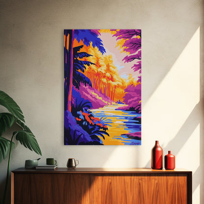 Enchanted River, Fantasy Landscape, Bright Colors, Nature Inspired, Canvas Print, Mystical Forest Art, Living Room Wall Art