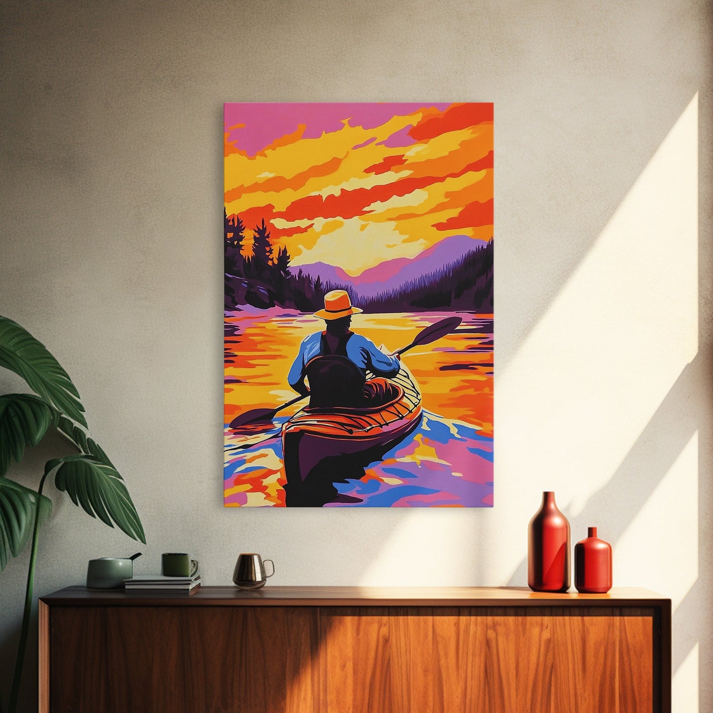 Kayaker Journey, Scenic River Painting, Vibrant Water Art, Framed Canvas Print, Adventure Wall Decor, Nature Lover Art, Sports Wall Art