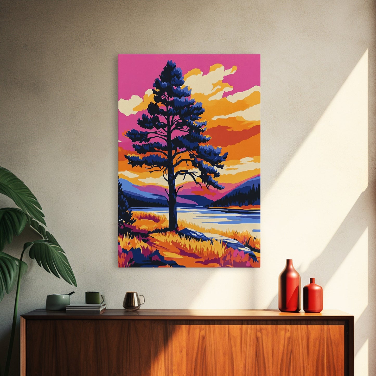 Lone Tree, Mountain Landscape, Vibrant Nature Art, Sunset Painting, Framed Canvas Print, Wilderness Decor, Autumn Wall Art, Office Decor