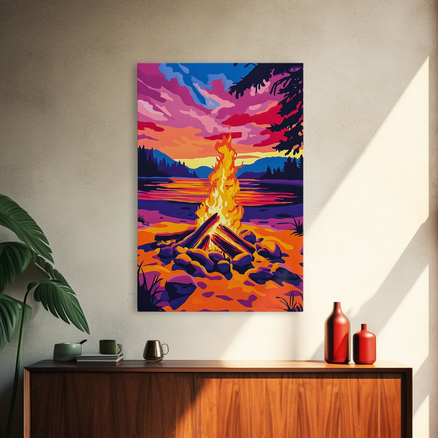 Campfire at Sunset, Framed Canvas Print, Cozy Outdoor Scene, Vibrant Warm Colors, Rustic Cabin Wall Art, Nature Art, Living Room Accent