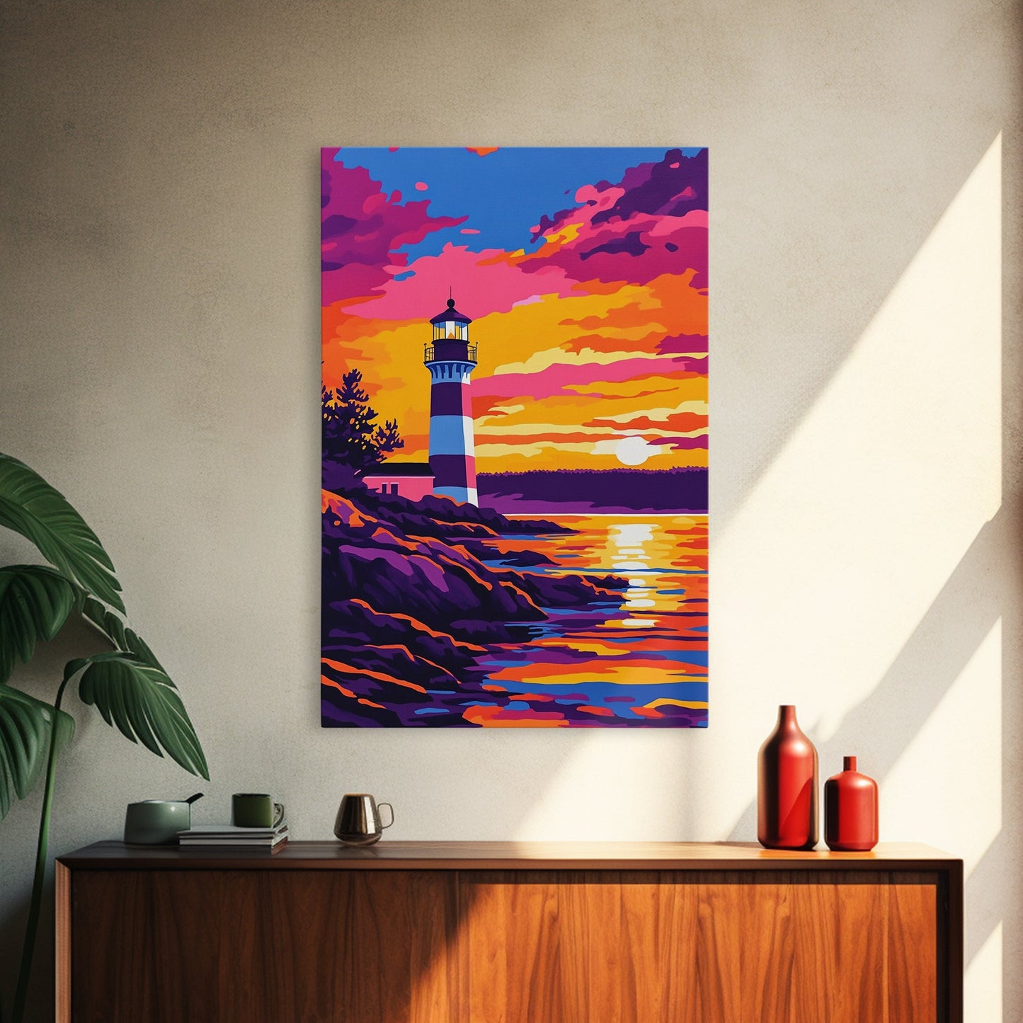 Leuchtturm, Sonnenuntergang, Küste, Meereslandschaft, gerahmter Leinwanddruck, nautische Dekoration, Wandbild fürs Strandhaus, lebendiges Ozeangemälde, Wohnzimmerkunst