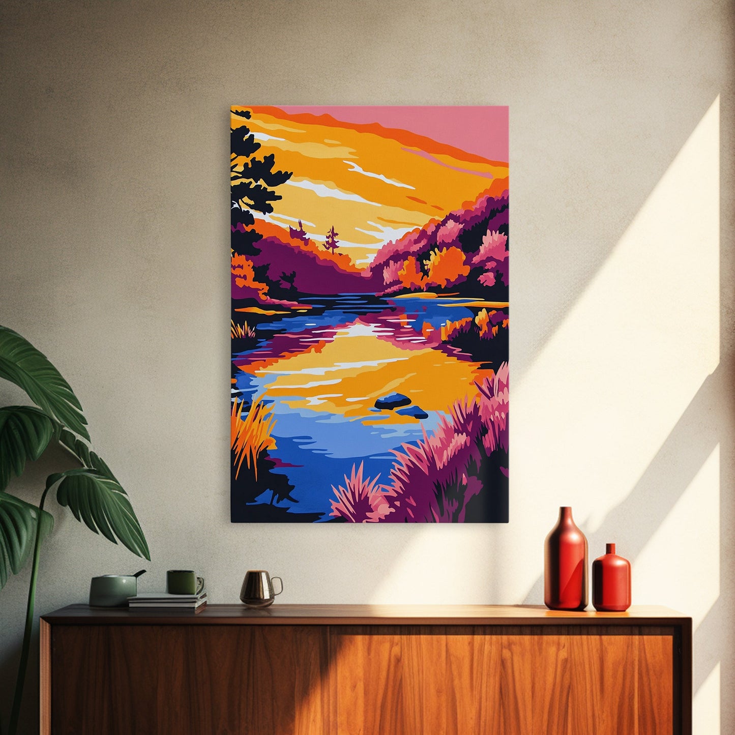 Tranquil Stream, Sunset Reflection, Framed Canvas Print, Cozy Wall Art, Nature Retreat Decor, Living Room Artwork, Serene Landscape