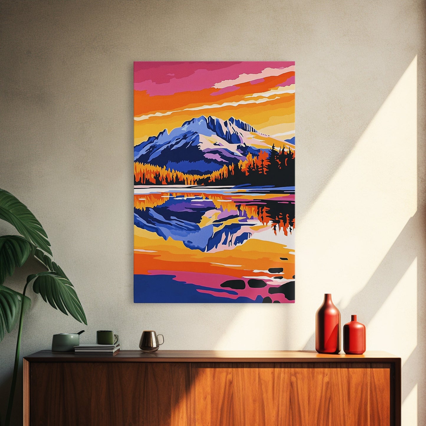 Hoch aufragende Kiefern, goldener Schein, majestätische Bäume, gerahmter Leinwanddruck, Naturgemälde, Waldlandschaft, Herbstliche Wanddekoration, Wohnzimmerdeko