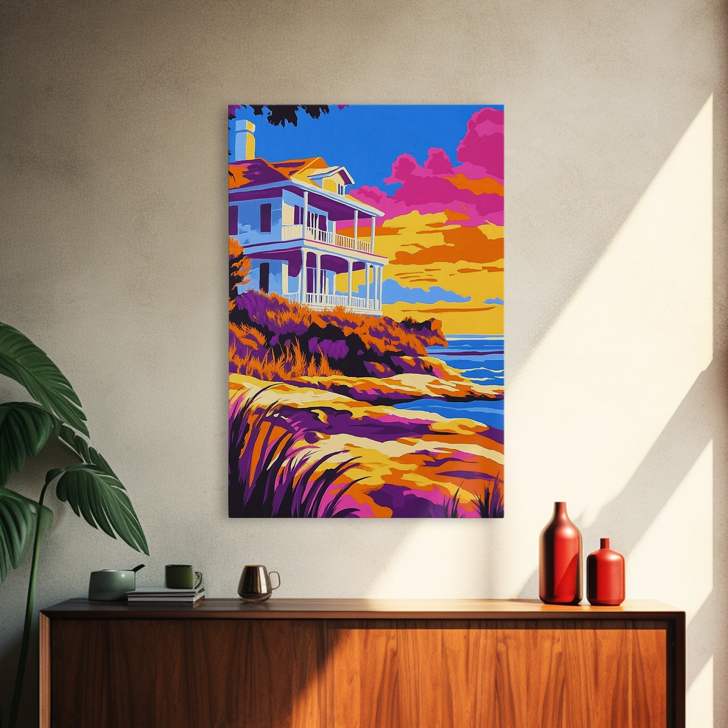 Coastal Home, Seaside Escape, Beach House, Canvas Print, Ocean Wall Art, Vibrant Summer Decor, Living Room Wall Art