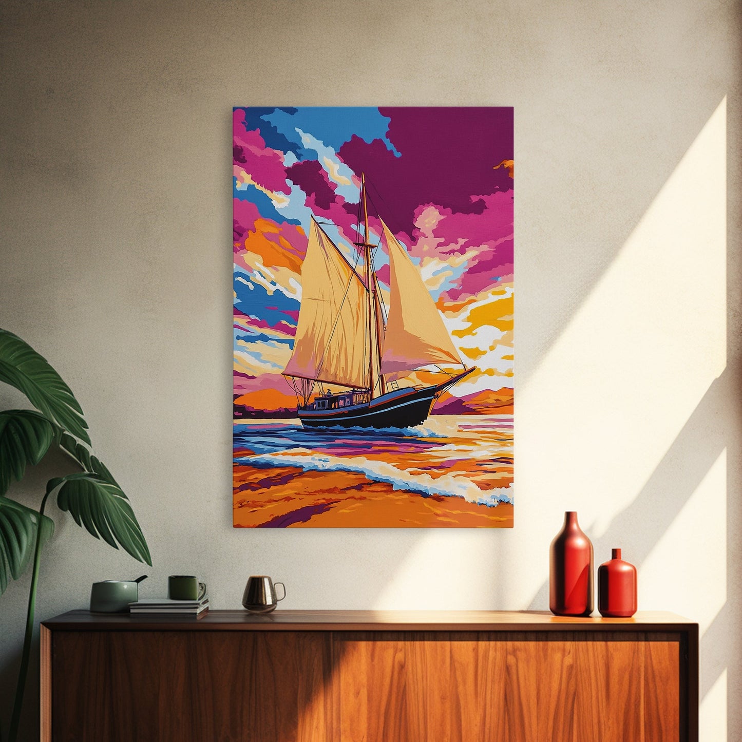 Sailing, Ocean Sunset, Nautical Art, Framed Canvas Print, Coastal Wall Art, Vibrant Seascape, Living Room Decor, Beach House Art