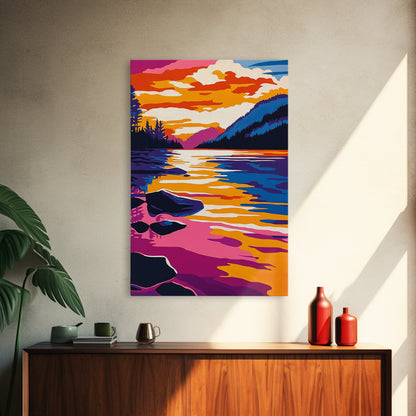 Lake, Reflective Sunset, Tranquil Nature, Canvas Print, Serene Landscape, Home Wall Art, Mountain View Decor, Living Room Artwork