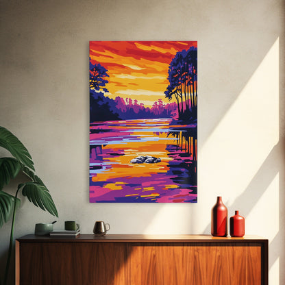River Sunset, Nature Reflection, Forest Landscape, Peaceful Water, Framed Canvas Print, Boho Art, Rustic Wall Art, Bedroom Decor