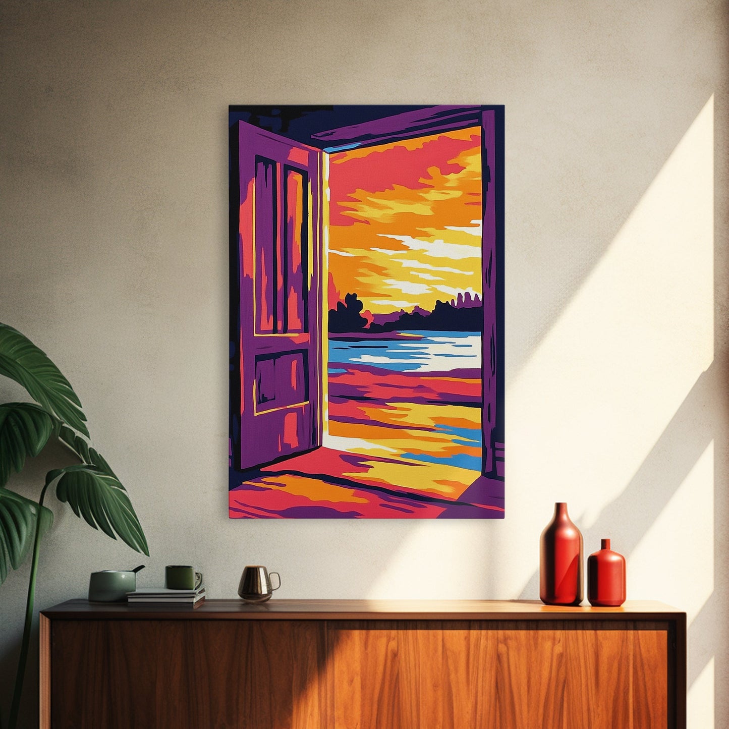 Offene Tür, Sonnenuntergangsmotiv, Gemälde mit warmem Licht, Einladende Wohndekoration, Inspirierende Wandkunst, Gemütliche Inneneinrichtung, Gerahmter Leinwanddruck