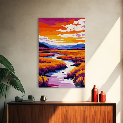 River Landscape Painting, Autumn Wall Art, Nature Inspired Print, Warm Color Palette, Framed Canvas Print, Cozy Living Room Decor