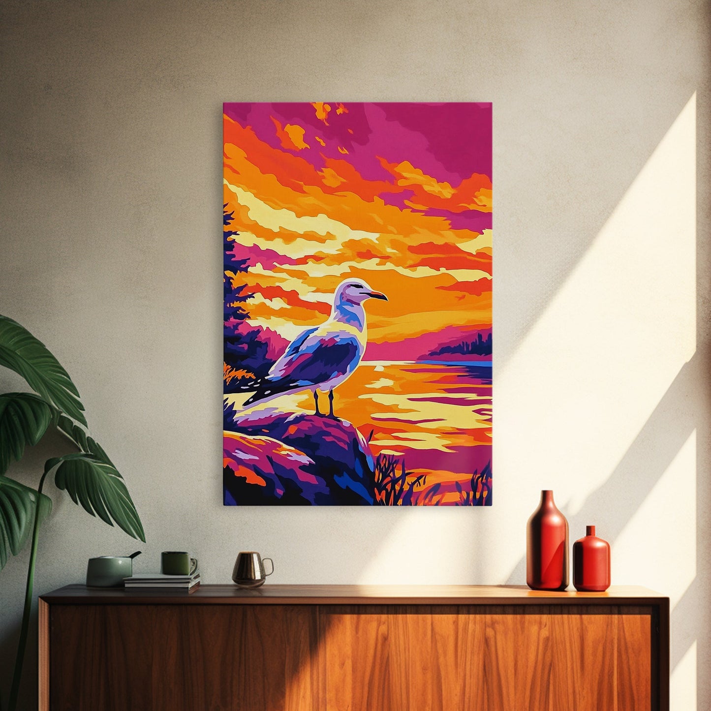 Seagull Sunset Art, Coastal Bird Painting, Ocean Landscape Print, Beach House Wall Decor, Framed Canvas Print, Nautical Bedroom Artwork
