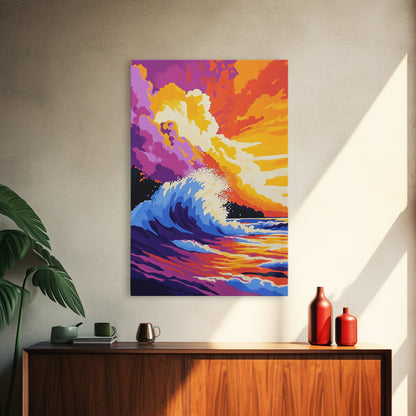 Powerful Ocean Wave, Surfing Wall Art, Vibrant Sunset Seascape, Coastal Home Decor, Framed Canvas Print, Beach House Living Room Art
