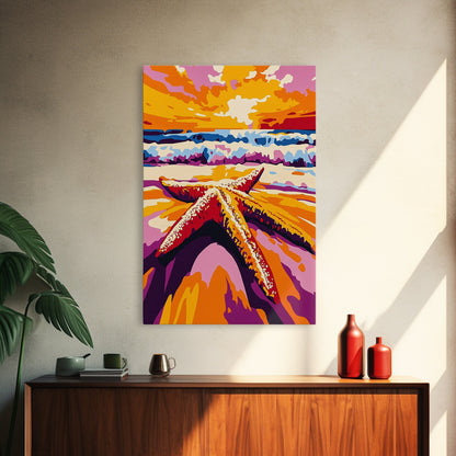 Starfish Beach, Ocean Sunset, Coastal Decor, Framed Canvas Print, Nautical Wall Art, Beach House Decor, Vibrant Painting, Summer Vibes
