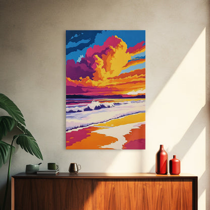 Beach Sunset, Vibrant Waves, Ocean Wall Art, Coastal Decor, Framed Canvas Print, Tropical Art, Living Room Art, Summer Aesthetic