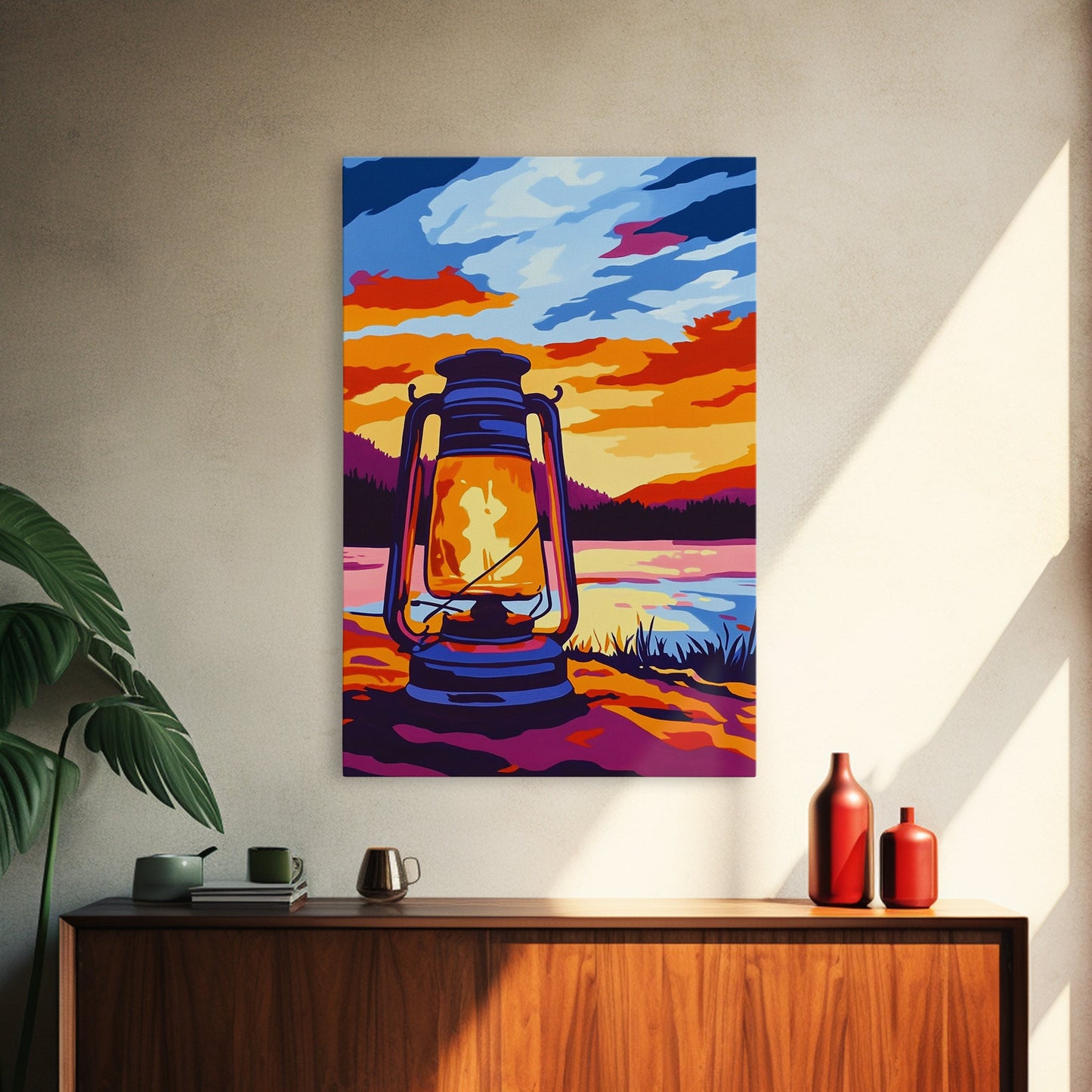 Lantern Glow, Rustic Camping Art, Warm Night Scene, Sunset Painting, Framed Canvas Print, Cabin Wall Art, Nature Decor, Outdoor Aesthetic