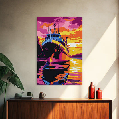 Sunset Boat Art, Nautical Wall Art, Ocean Sunset Painting, Coastal Decor, Vibrant Boat Scene, Framed Canvas Print, Living Room Art