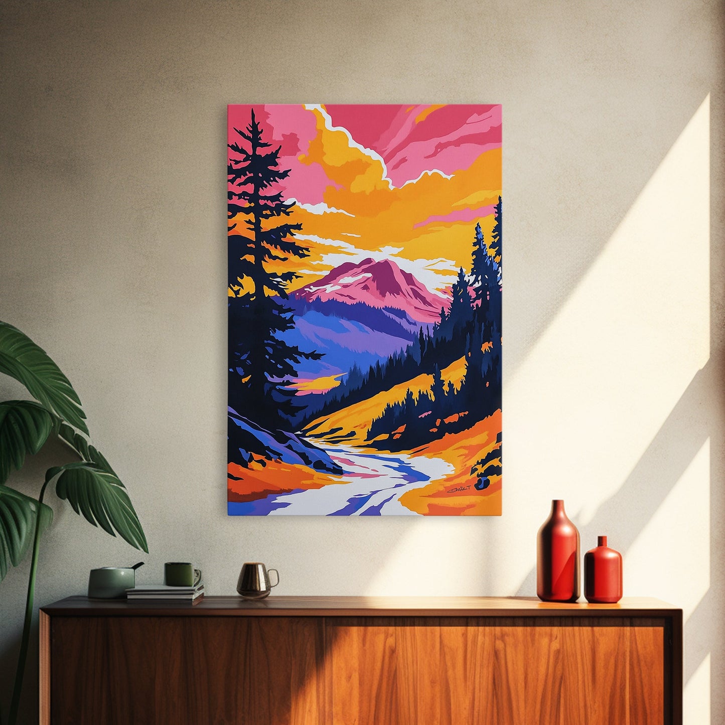 Mountain View Art, Nature Painting, Colorful Scenic Decor, Alpine Sunset, Wilderness Print, Framed Canvas Print, Office Wall Art