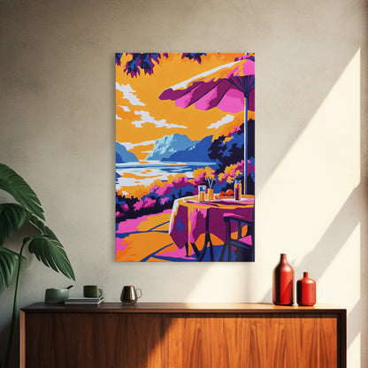 Outdoor Dining, Scenic View, Summer Patio Art, Relaxing Wall Decor, Cafe Scene, Vacation Aesthetic, Framed Canvas Print, Gift Idea
