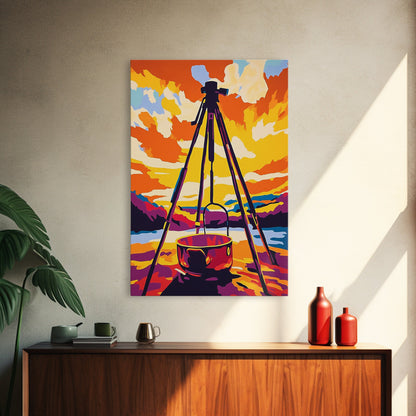 Camping Scene, Outdoor Cooking, Rustic Wall Art, Adventure Home Decor, Wilderness Aesthetic, Nature Inspired, Framed Canvas Print